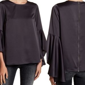 Ro & De Satin Crew Neck Dramatic Voluminous Bell Sleeve Zip Back Top Grey Small